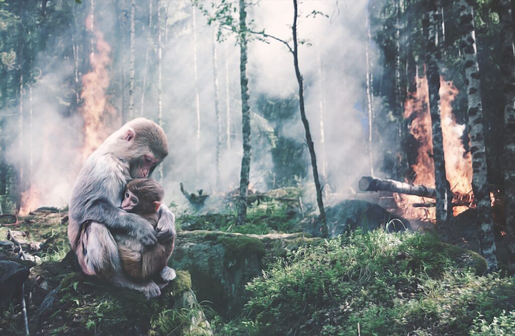 Mamá mono con bebé mono en un incendio forestal