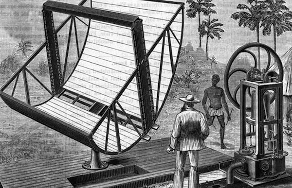 Una ilustración de alrededor de 1870 del motor solar del capitán John Ericsson, que utilizaba espejos cóncavos para reunir suficiente radiación solar como para mover un motor.
